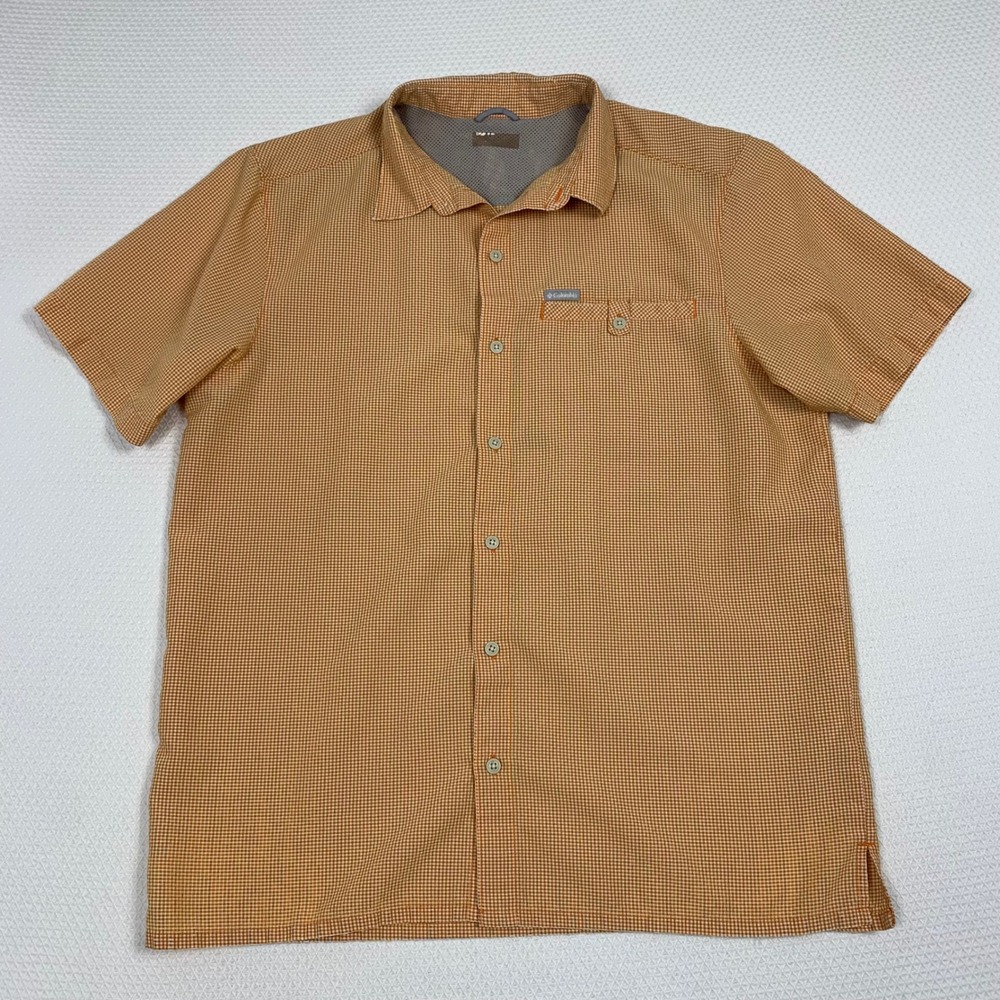 Columbia Mens XL Orange Gingham Short Sleeve Button Down Shirt Pockets AM1020